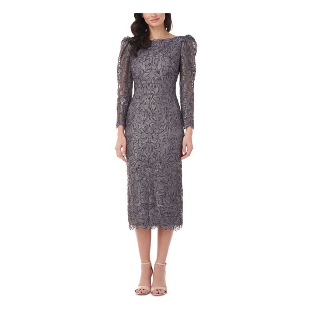NWT JS COLLECTION Womens Gray V-back Pouf Sleeve Boat Neck Midi Evening Dress 4